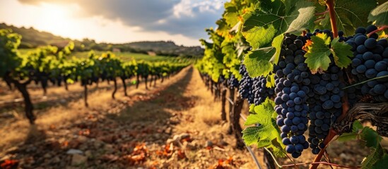 Ripening grapes in a traditional vineyard in Sardinia. - obrazy, fototapety, plakaty