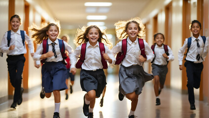 Naklejka premium Happy schoolchildren running along the corridor