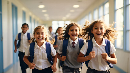 Happy schoolchildren running along the corridor