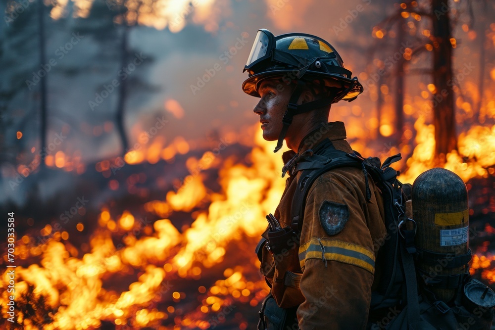 Wall mural professional firefighter puts out the flames. A burning house and a man in uniform, view from the back. Concept: Fire engulfed the room, danger of arson