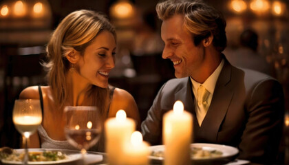 Candlelit Dinner for Two. A couple enjoys a romantic dinner by candlelight, smiling at each other. Valentine's Day.