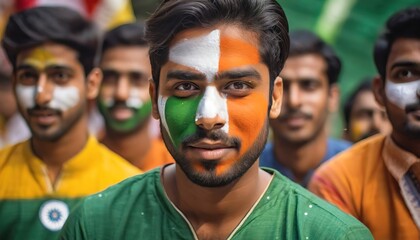 Patriotic Supporters with Painted Faces at an Event. Group of young men with faces painted in the colors of the Indian flag, gathered together, symbolizing unity and national pride - obrazy, fototapety, plakaty