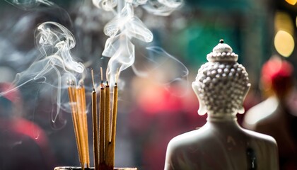 Tranquil Buddha Statue with Incense Smoke in Temple. The serene Buddha statue in the background with foreground of incense sticks releasing smoke, creating a spiritual ambiance