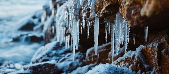 December ice icicles on the sandstone cliff wall at Vidzeme rocky seashore in Latvia. - obrazy, fototapety, plakaty