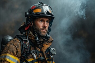 Portrait of a tired firefighter with soot stains on his face and helmet, a deep gaze reflects courage and readiness for action
