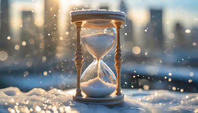 Hourglass Capturing the Essence of Time in Winter. An hourglass with flowing sand on a snowy surface, glistening in the sunlight, symbolizing the passage of time