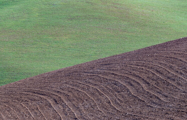 Background with fields cultivated and prepared to cultivate