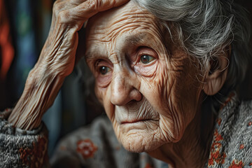 Mujer anciana con gesto de sufrimiento llevandose la mano a la cabeza. concepto de salud mental,soledad - obrazy, fototapety, plakaty