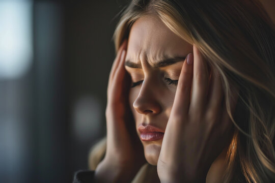 Mujer joven con gesto de dolor y sufrimiento llevandose las manos a la cabeza con los ojos cerrados. Concepto salud mental, depresion, migra&ntilde;as,dolor cronico