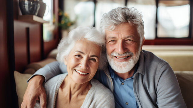 Loving senior couple, their smiles reflecting a lifetime of shared joy and companionship. A senior couple shares a close moment, their content smiles a beautiful emblem of years spent together in love