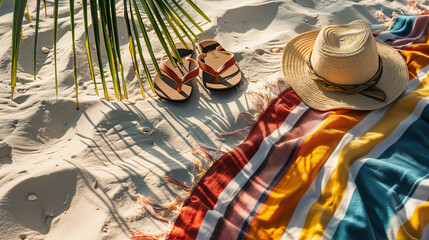 Beach towel, summer hat and sandals on a sandy beach with tropical island palm trees top view