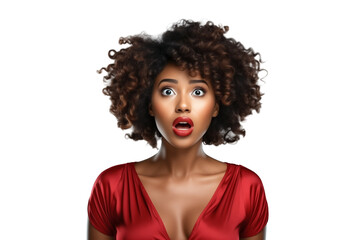 Portrait of a surprised beautiful african woman in red with bright lipstick isolated on a transparent background. PNG file.