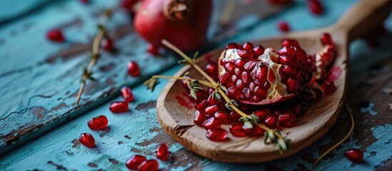 Pomegranate seeds on heart-shaped wooden spoon, flat lay.