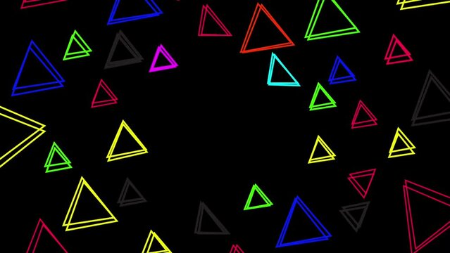 2d rotation animation of filled triangle shapes with turbulence displacement effect on black background for titles or intro, abstract background