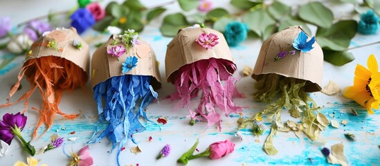 A guide on creating eco-friendly kids craft jellyfish with flowers, leaves, and cardboard.