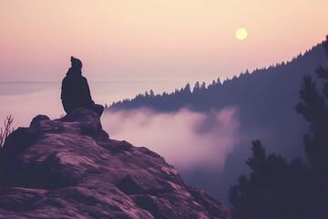 Person watching the sunrise in the mountains