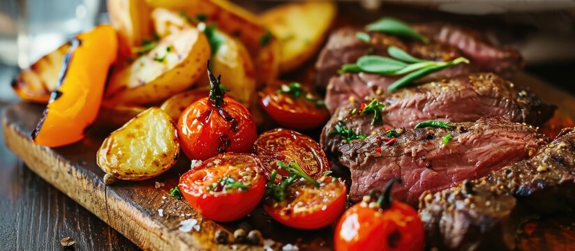 Delicious beef entrecote accompanied by fried potatoes and grilled peppers, cherry tomatoes, and onion.