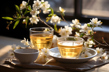 Cup of aromatic jasmine tea with fresh flowers on the table. Organic and natural, herbal hot healthy beverage.