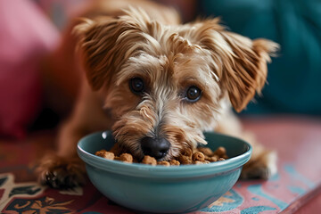 yorkshire terrier with a bowl - obrazy, fototapety, plakaty