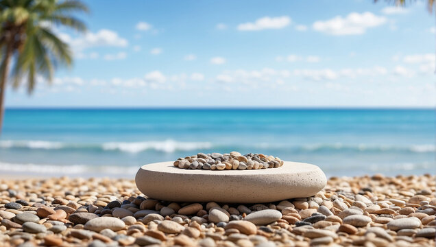 stone podium on beach pebbles for product presentation with blurred beach background