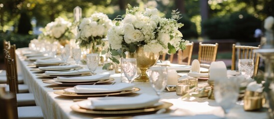Outdoor wedding with rustic gold and white floral table decor.
