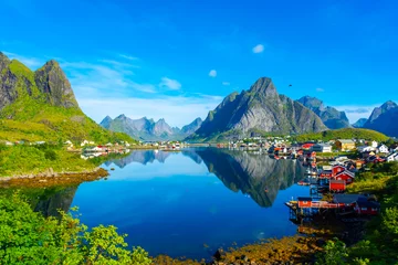 Foto auf Acrylglas Reinefjorden Perfect reflection of the Reine village on the water of the fjord in the Lofoten Islands,  Norway