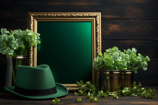 St patricks day background, chalcboard and green heat, clover leafs. High quality photo