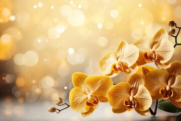 Yellow orchid on isolated magical bokeh background with two thirds copy space for text placement