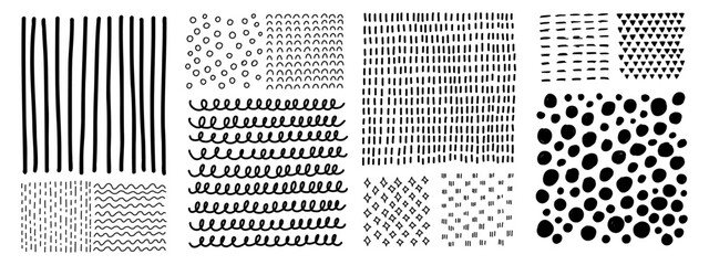 Hand drawn line texture set. Vector scribble, horizontal, and wave strokes collection. Doodle shapes. Trendy illustration. Graphic vector freehand textures set. Ink lines isolated on white background.
