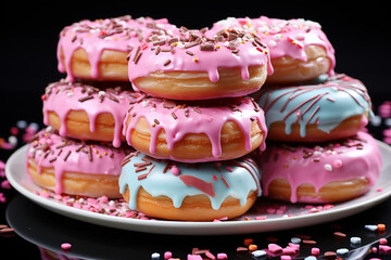 Fototapeta na wymiar donuts, doughnuts, fried dough, pastries, sweet rings, treats, icing baking pastries chocolate marshmallow tasty yummy delicious, sugar round unhealthy fat food glazed candy.