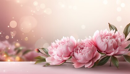 Fototapeta premium Pink peony on right side with isolated bokeh background and spacious text area on left