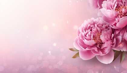 Pink peony on right with isolated bokeh background and ample text space for left placement