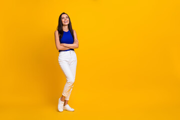 Fototapeta na wymiar Full length photo of shiny cheerful woman wear blue top arms folded empty space isolated yellow color background