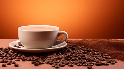 White coffee cup with splashes, coffee beans, and copy space on beige gradient background