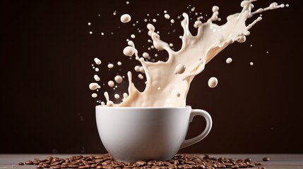 White coffee cup with splashes, beans, and copy space on beige background for text placement
