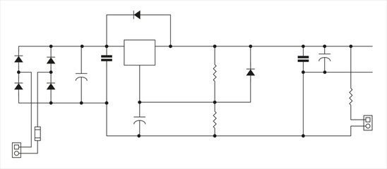 Vector template of schematic diagram of 
electronic device. Drawing electrical circuit with 
diode, resistor, 
capacitor, integrated circuit and other components.