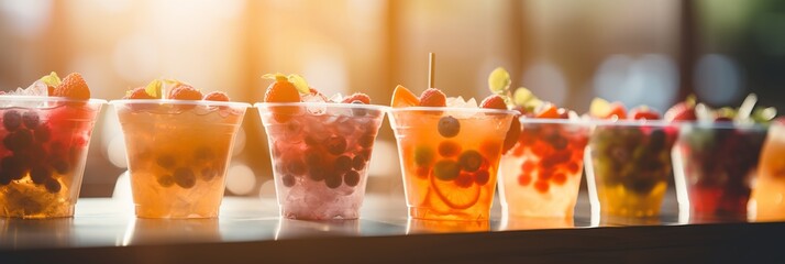 Blurred bokeh opening up to radiant bokeh with iced beverages and snacks on sunlit patio