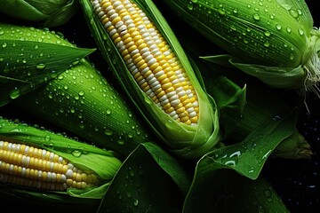 Close up of corn - yellow maize - fresh vegetarian food. corn cob between green leaves