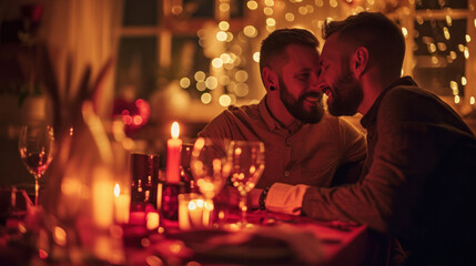 Young handsome queer gay man couple in love happily celebrating a Christmas or Valentine's day Holiday romantic dinner at home. Cozy ambiance with candles and red lights .