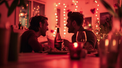 Young handsome queer gay man couple in love happily celebrating a Christmas or Valentine's day Holiday romantic dinner at home. Cozy ambiance with candles and red lights .
