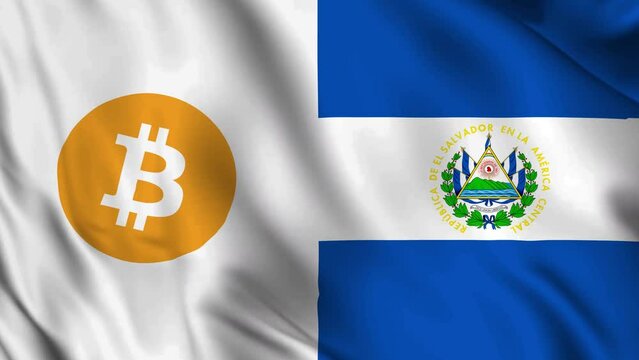 Horizontal waving El Salvador and Bitcoin Combined Flag video background. Realistic Slow Motion Animation. 4K Loop Motion Graphics. Bitcoin as Legal Tender, South America crypto market Concept