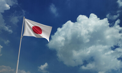 Japan flag waving wind country national asian international japanese peson people human pole travel government politic economy outdoor blue sky cloud white red orange pink colour tokyo history world