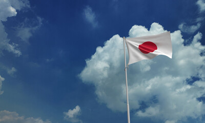 Japan flag red pink orange colour white waving blue sky cloud background wallpaper copy space...