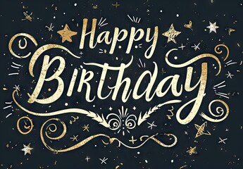 happy birthday message in gold font on black background with white stars in the end Generative AI - obrazy, fototapety, plakaty