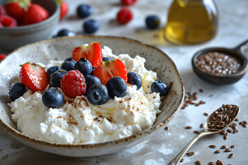 Cottage cheese and flax seed oil in a bowl with fresh blueberries and other berries
