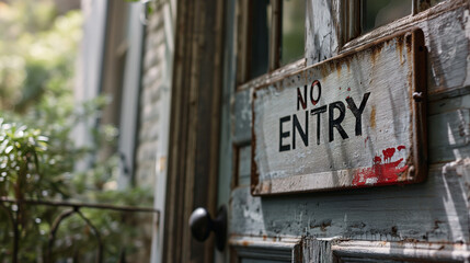 Wooden door sign saying No entry