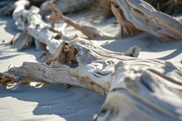 Sun-bleached driftwood texture on a sandy beach.
