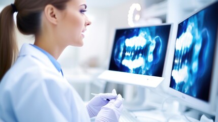 Closeup of a dental hygienist using AI software to detect and document areas of tooth decay. - obrazy, fototapety, plakaty