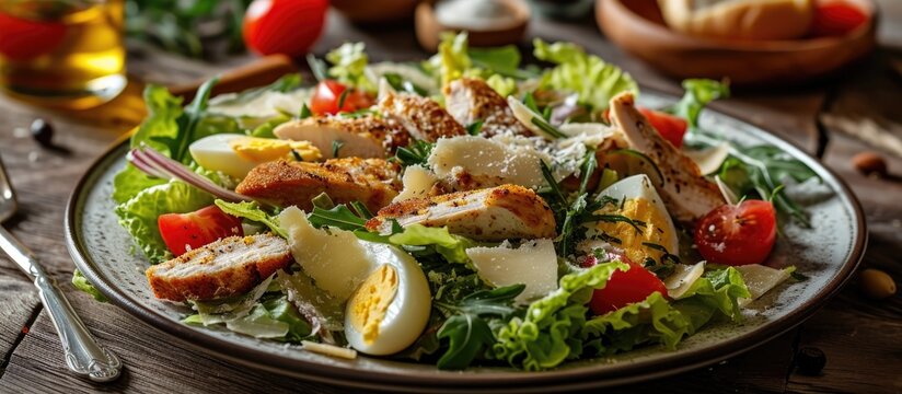 Italian Caesar salad with chicken, parmesan cheese, quail eggs, lettuce, tomatoes and croutons on a plate.