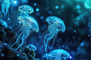 Underwater scene with glowing particles and bioluminescent jellyfish.